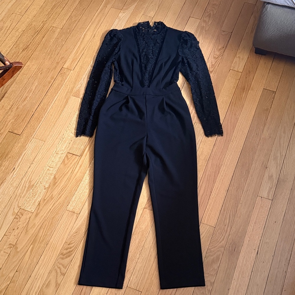 Express Black Lace-Sleeve V-Neck Jumpsuit